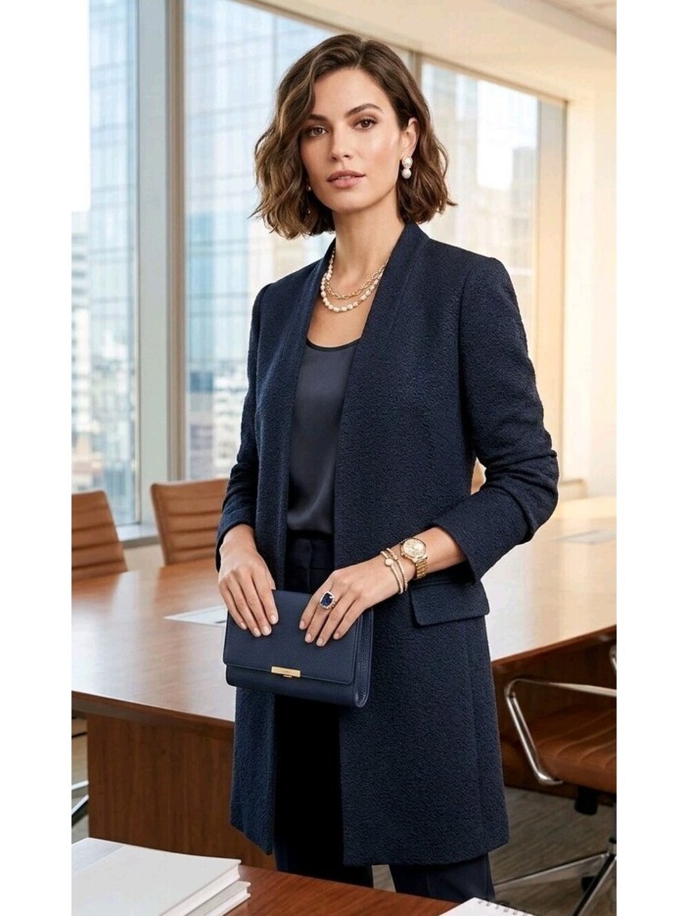 Long Navy Blue Calvin Klein Suit Open Jacket Size 14
